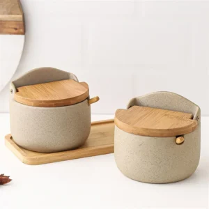 Japanese Style Ceramic Seasoning Jar Bamboo lid