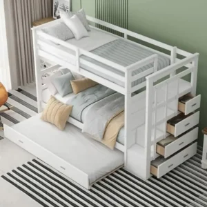 Solid Wood Twin Over Twin Bunk Bed with Trundle Staircase Storage