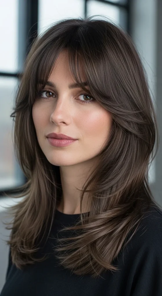 Ash Brown Long Wolf Cut with Soft Curtain Bangs