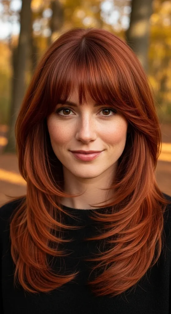 Auburn Long Wolf Cut with Feathered Curtain Bangs