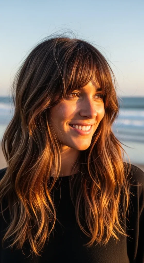 Beachy Brunette Long Wolf Cut with Airy Curtain Bangs