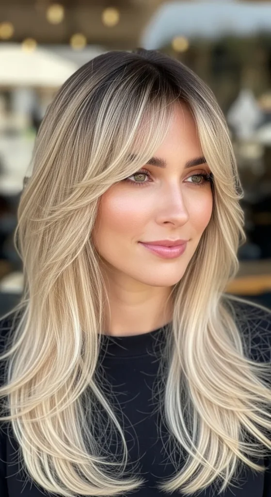 Blonde Balayage Long Wolf Cut with Blended Curtain Bangs