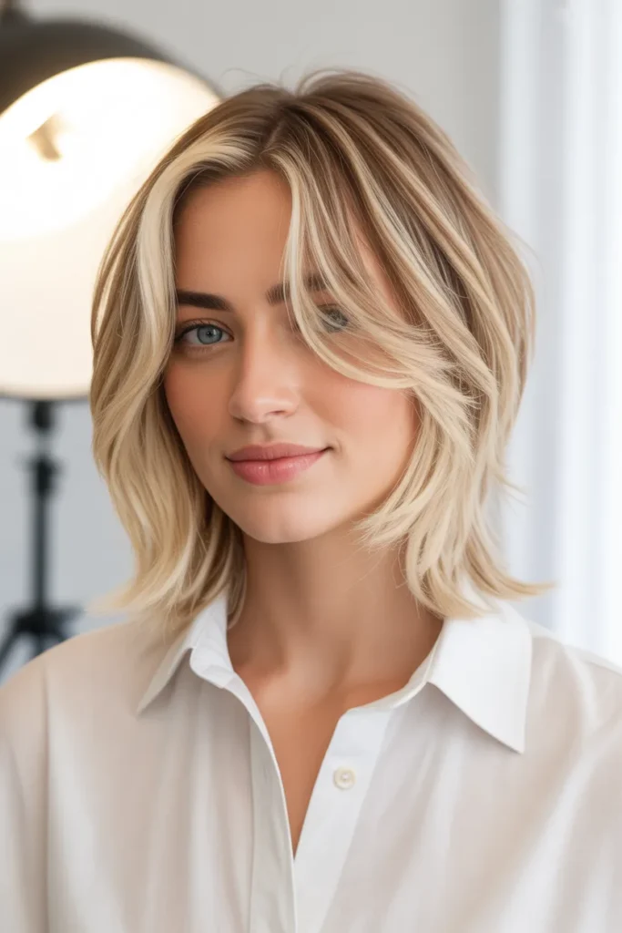 Blonde Shaggy Lob With Face-Framing Highlights