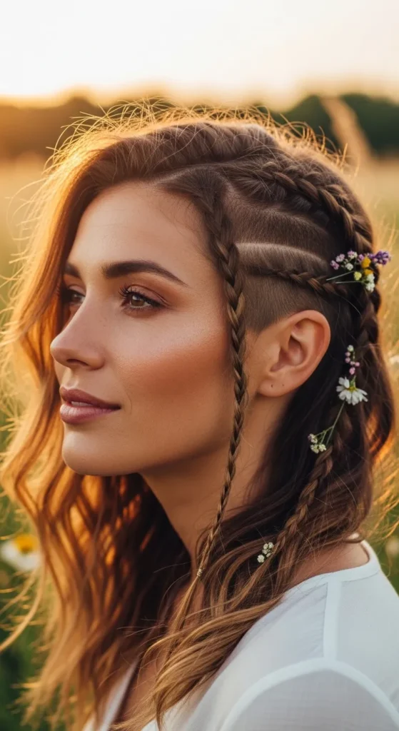 Bohemian Side Shave With Braids and Loose Waves