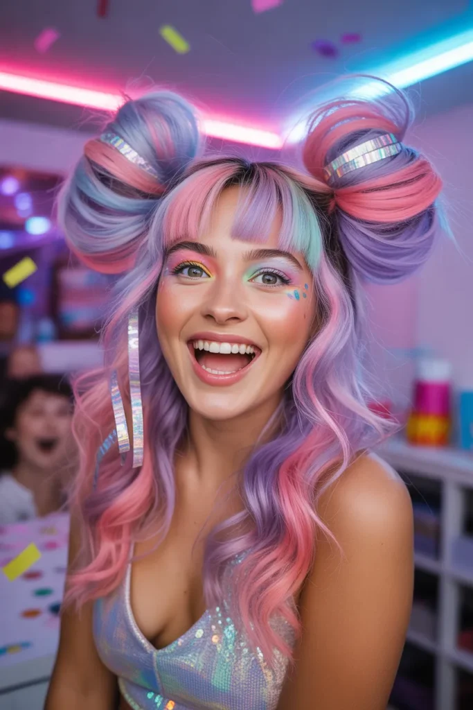 Bold Colorful Space Buns Birthday Hairstyle