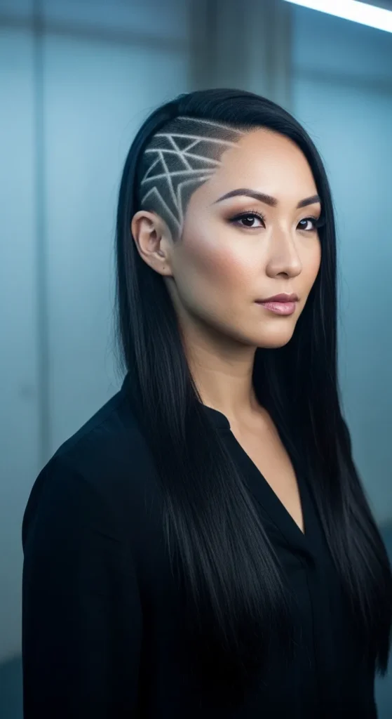 Bold Geometric Shaved Side Pattern With Long Hair