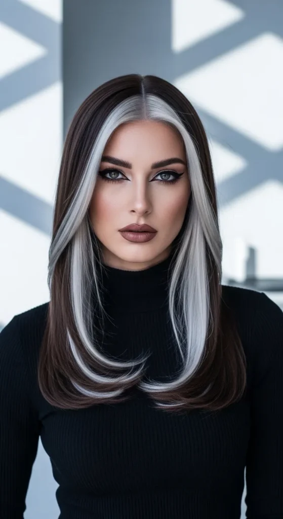 Bold Silver Highlights on Chocolate Brown Hair