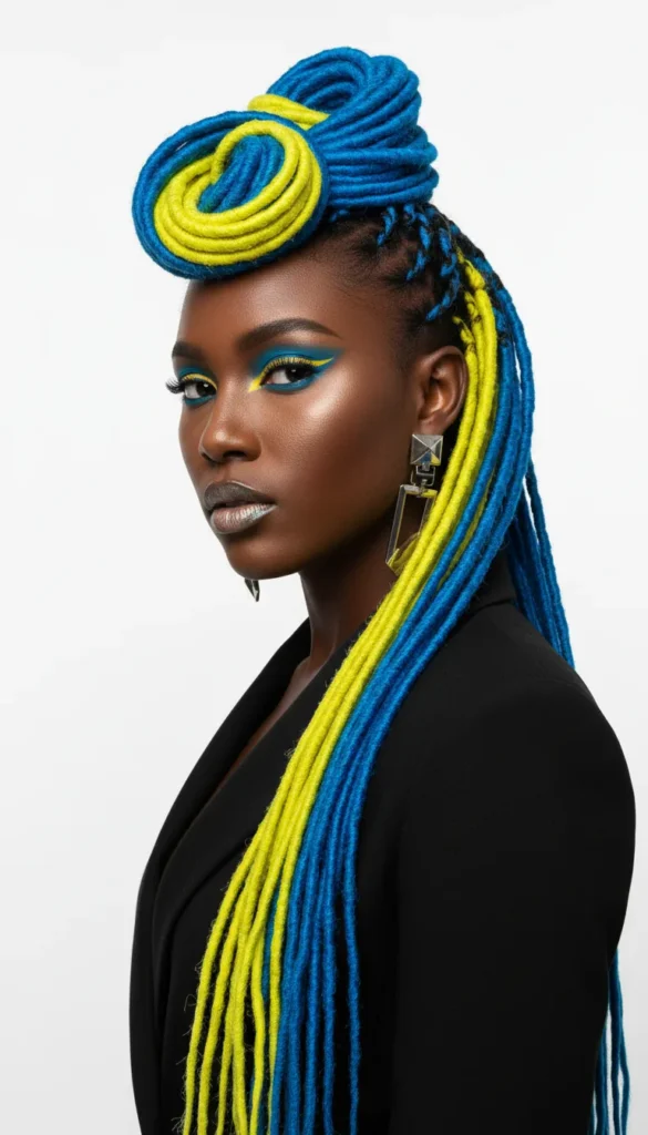 Bold Two-Toned Dyed Locs in a Sculptural Half-Up Style