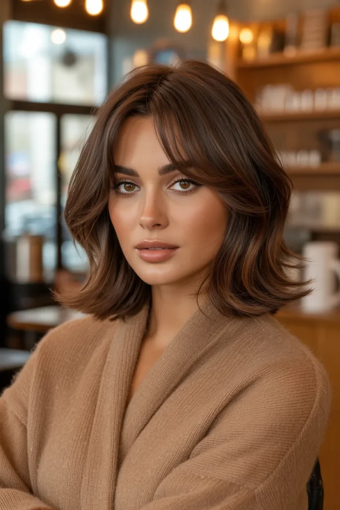 Brunette Shaggy Lob With Curtain Bangs