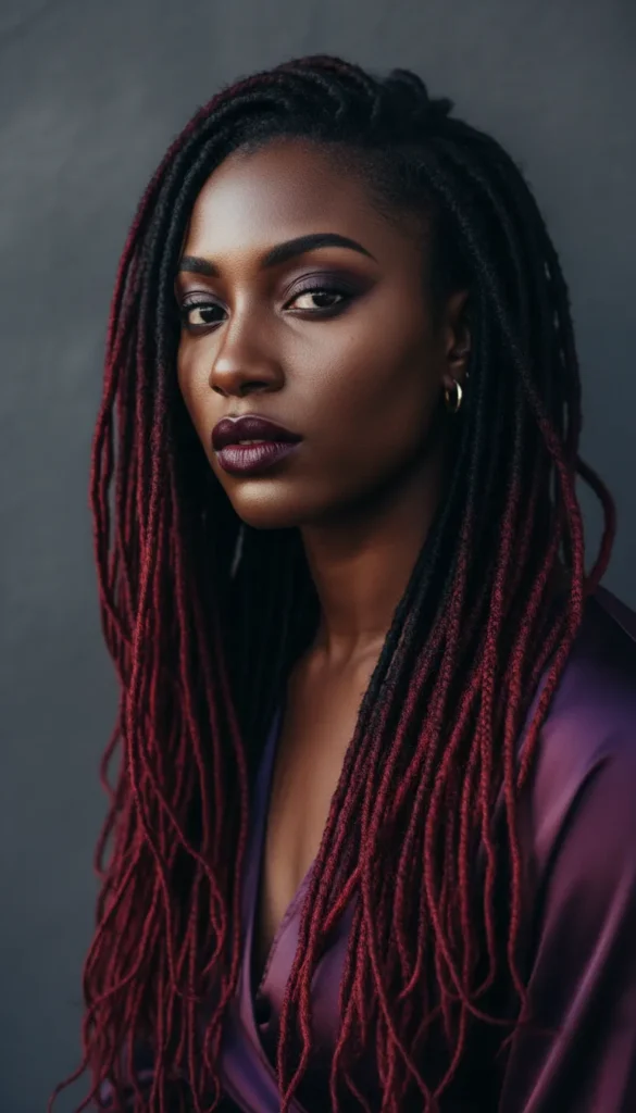 Burgundy and Black Two-Toned Dyed Locs Worn Loose