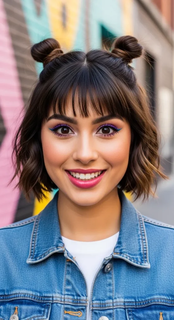 Butterfly Cut Short Hair with Space Buns Half-Up Style