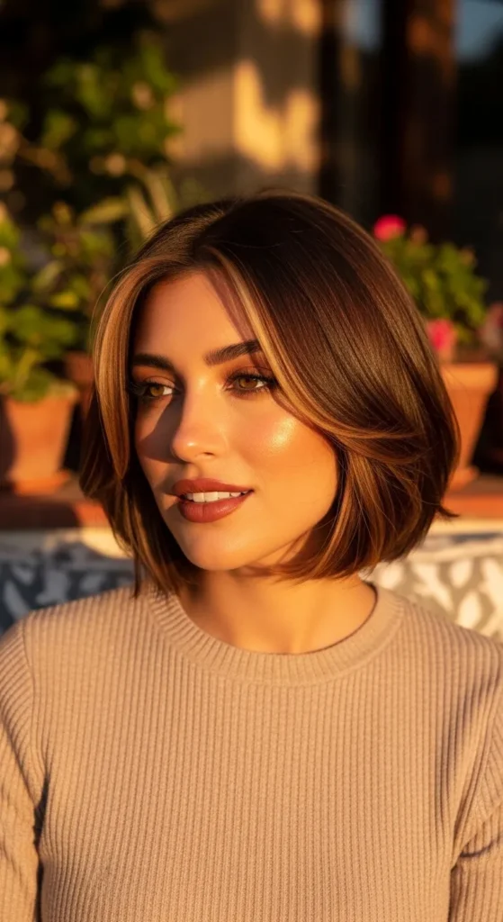 Butterfly Cut Short Hair with Warm Brunette Tones and Face-Framing Highlights