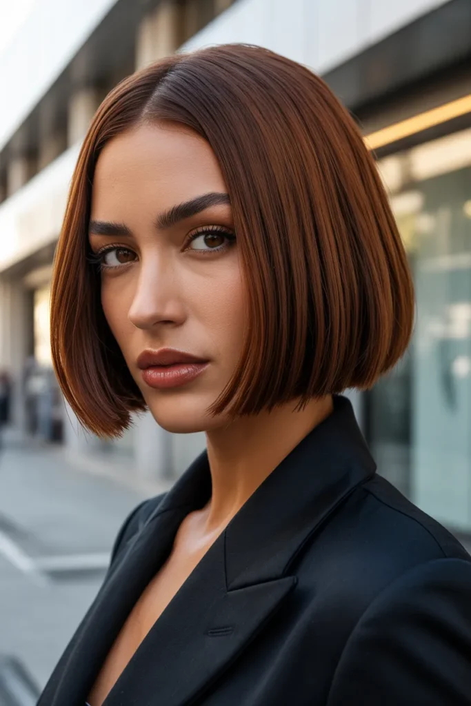 California Brunette Blunt Cut Bob With Glossy Finish