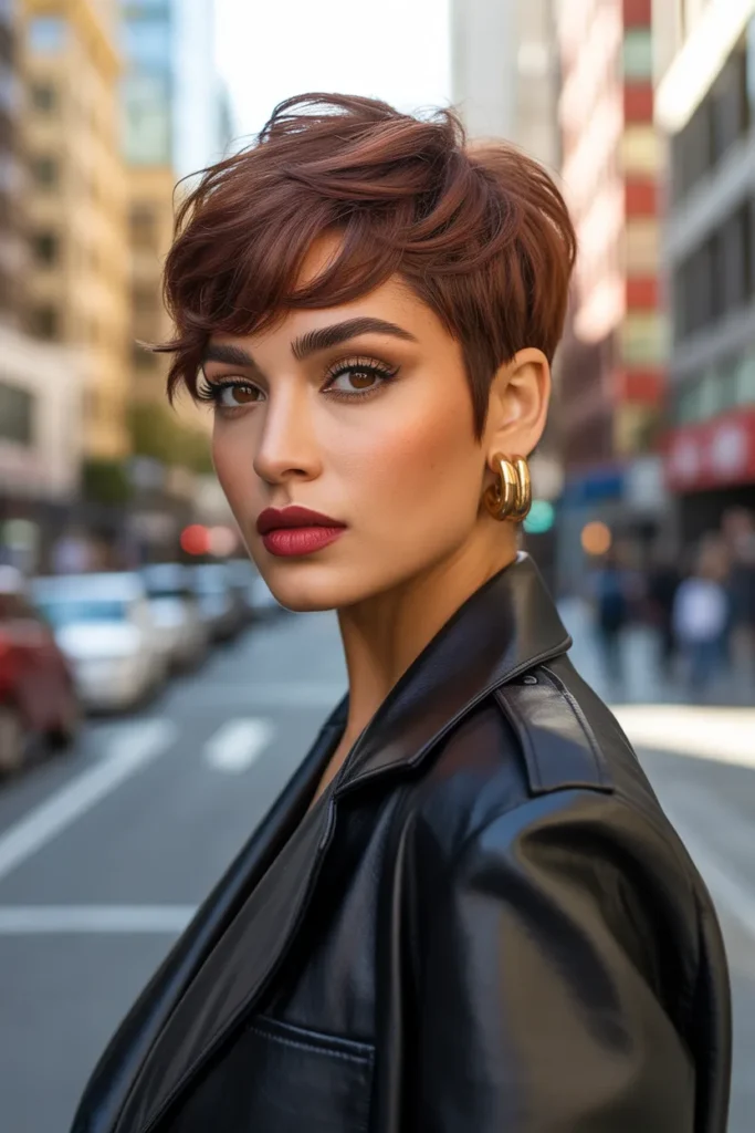 California Brunette Pixie Cut With Warm Brown Tones