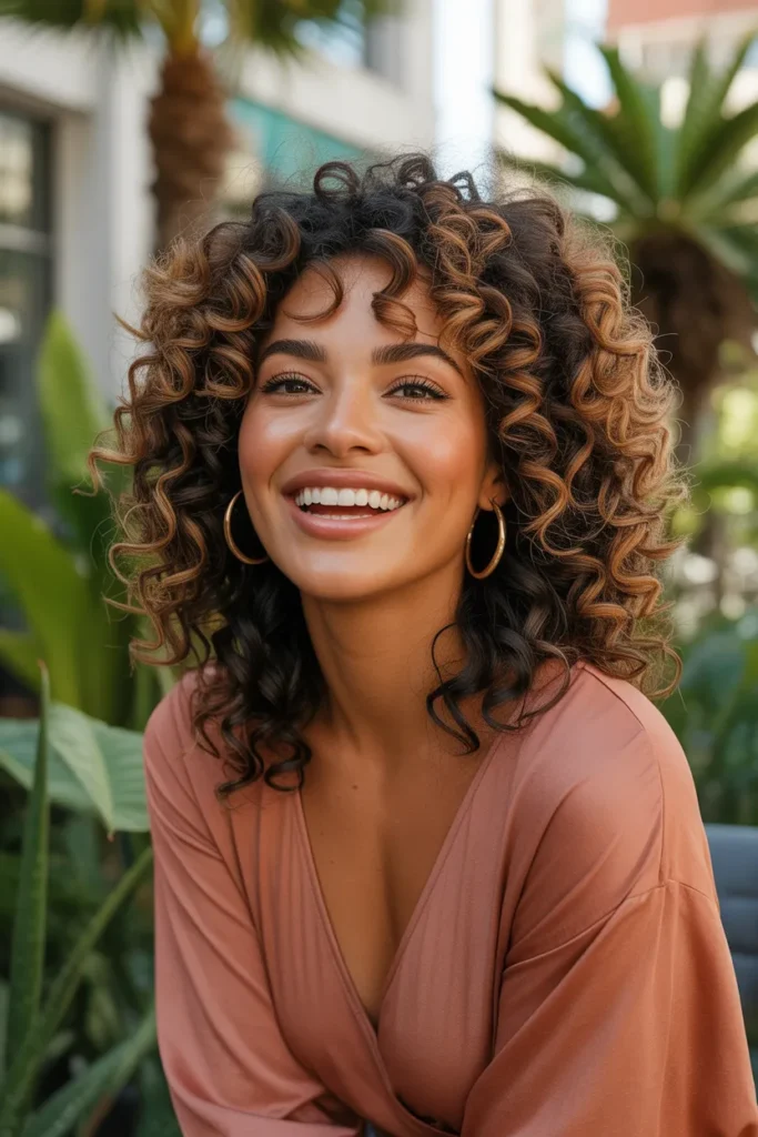 California Brunette With Highlights and Natural Curls