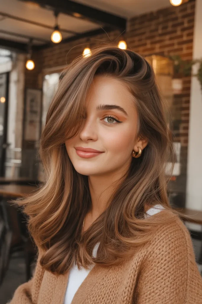 California Brunette With Wispy Layers and Side Swept Bangs