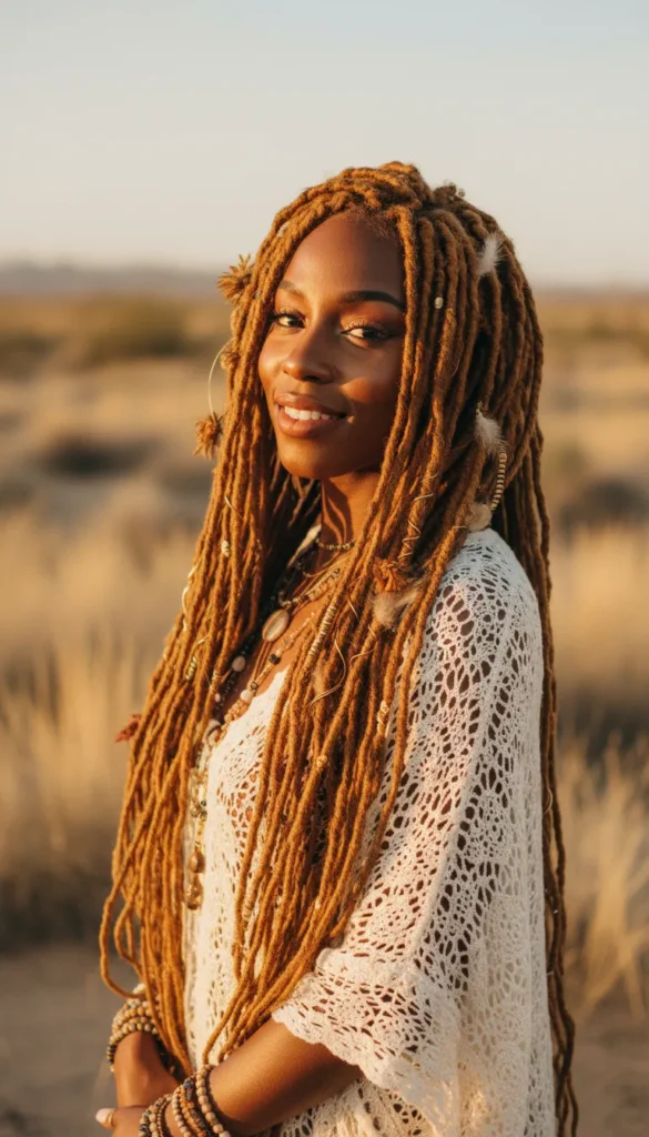 Caramel Blonde Dyed Locs With Boho Accessories