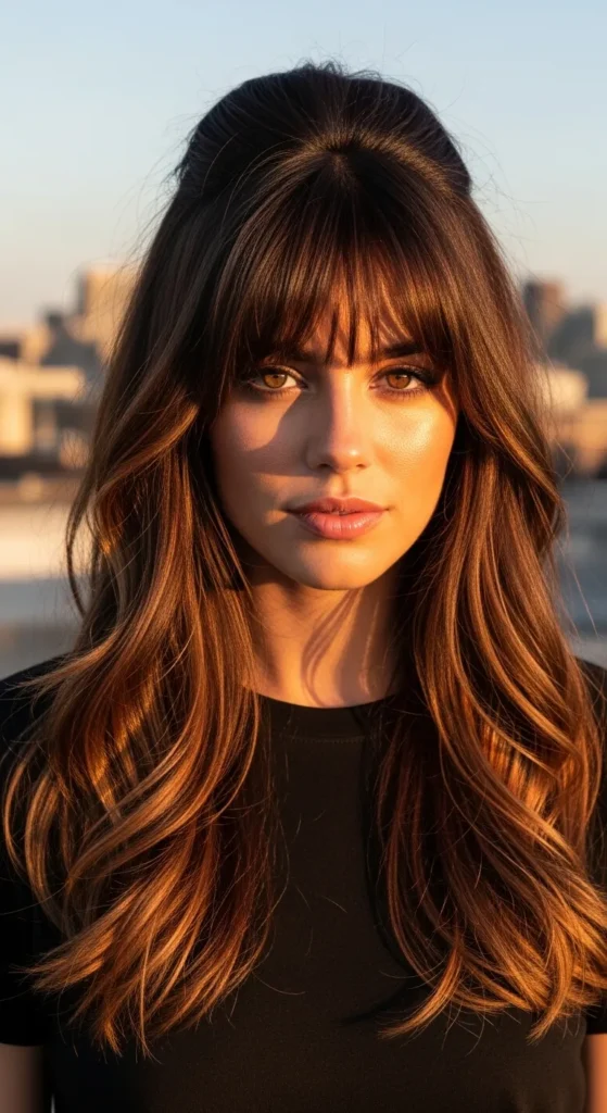 Caramel Highlighted Long Wolf Cut with Voluminous Curtain Bangs