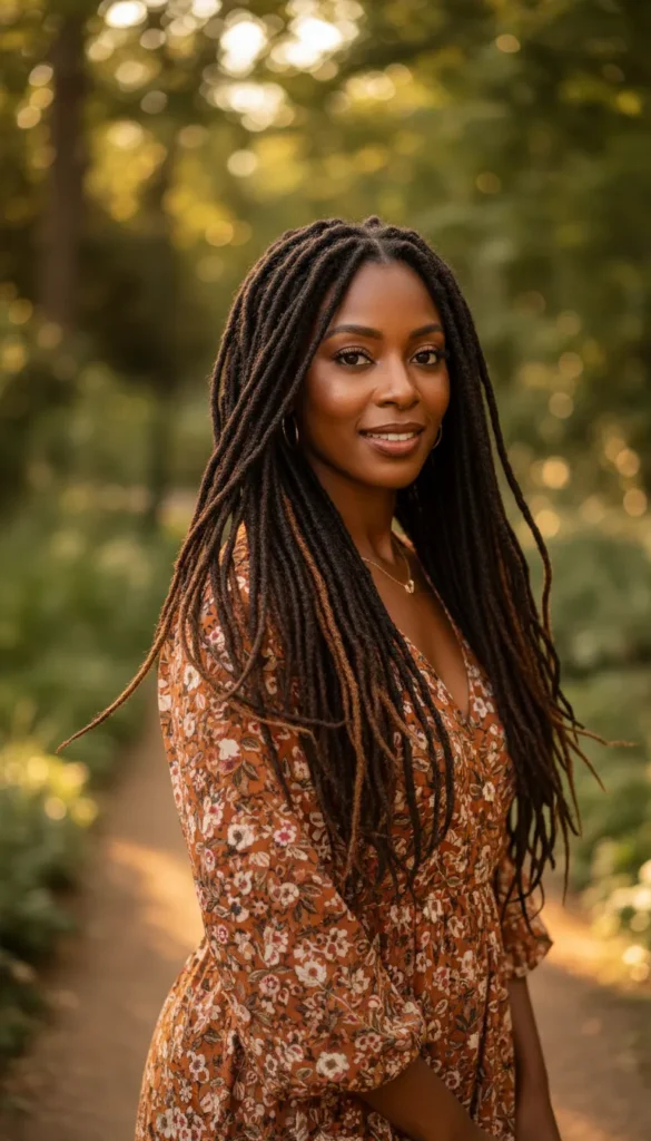 Chocolate Brown Balayage Dyed Locs Worn Down