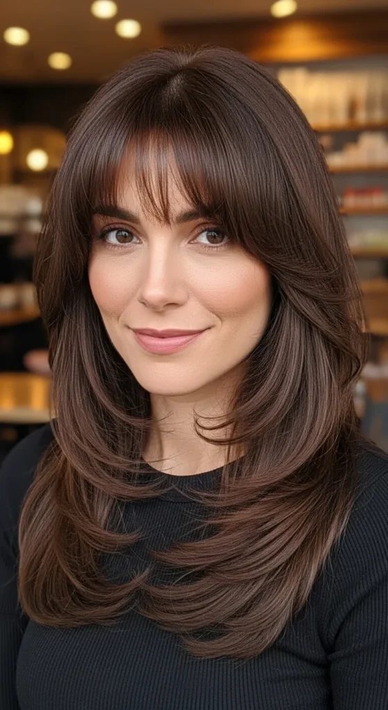 Chocolate Brown Long Wolf Cut with Rounded Curtain Bangs