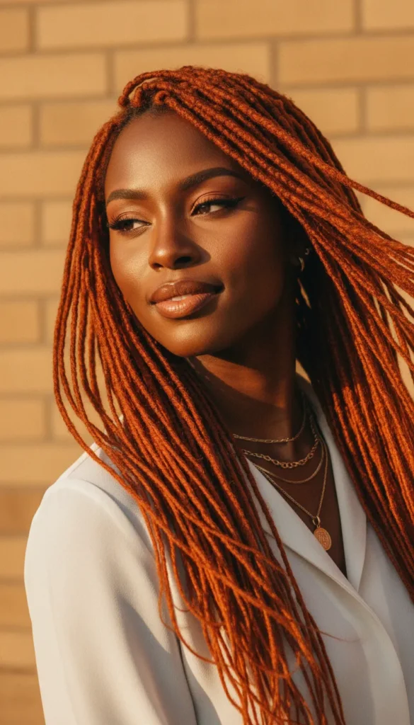 Copper Orange Dyed Locs With Side-Swept Styling