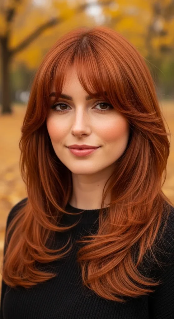Copper Red Long Wolf Cut with Soft Curtain Bangs