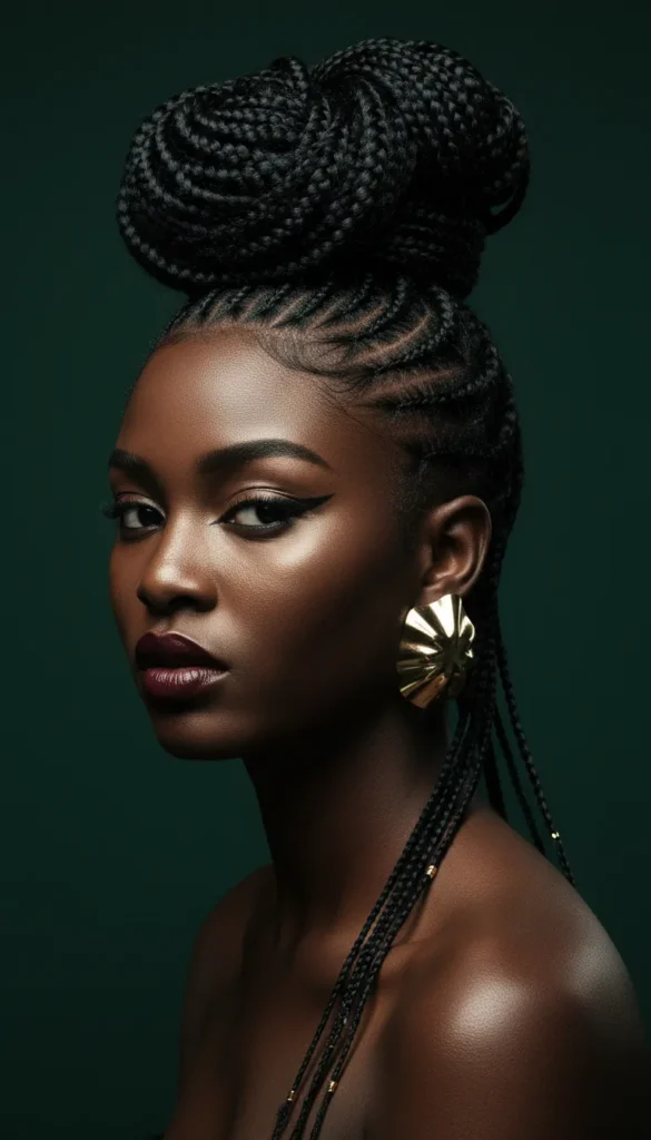 Cornrow Updo With Baby Braids Cascading at the Nape
