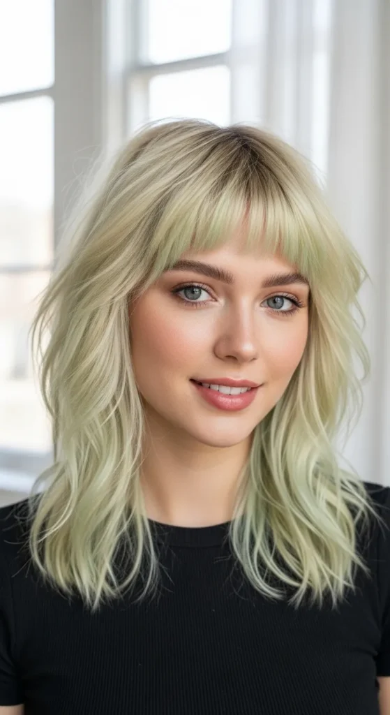 Cream Blonde Wolf Cut with Mint Green Bangs