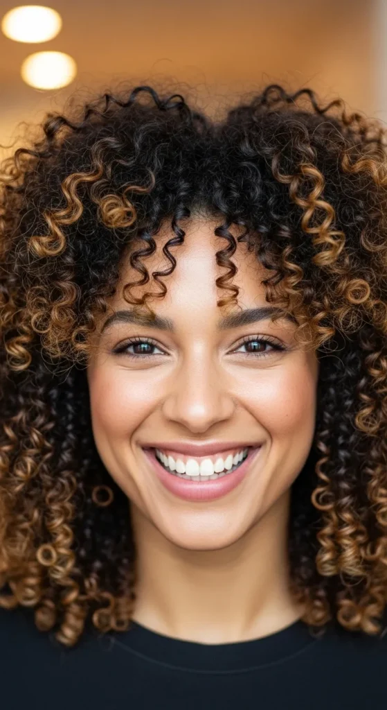 Curly Hair with Warm Caramel Ribbons