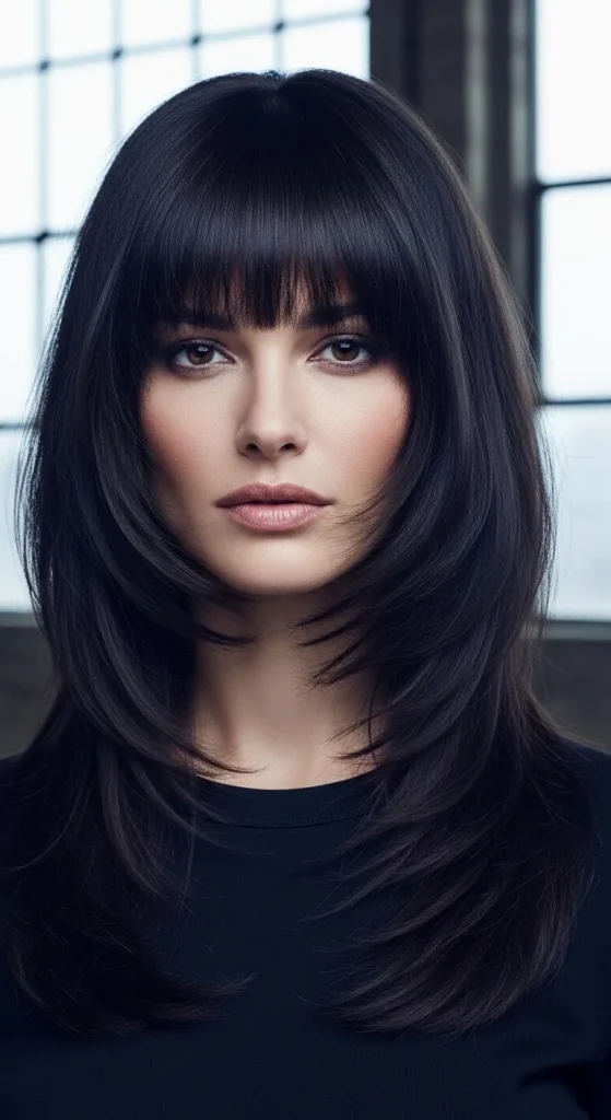Dark Brunette Long Wolf Cut with Dramatic Curtain Bangs