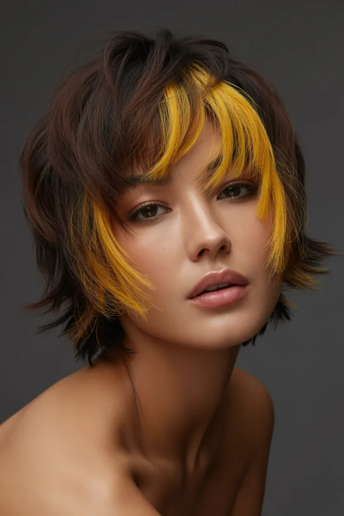 Dark Brunette Shag with Money Piece Highlights