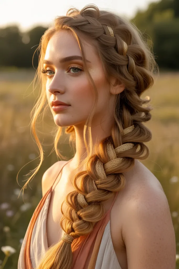 Dreamy Fishtail Braid Birthday Hairstyle With Golden Thread