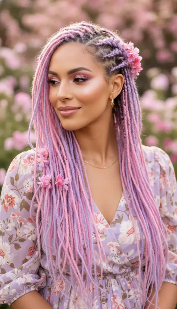 Dyed Locs With Pink and Purple Blend Worn in a Waterfall Braid