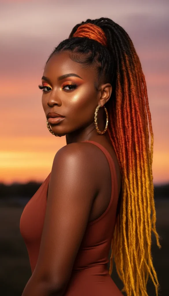 Dyed Locs With Sunset Ombre Colors Worn in a Ponytail