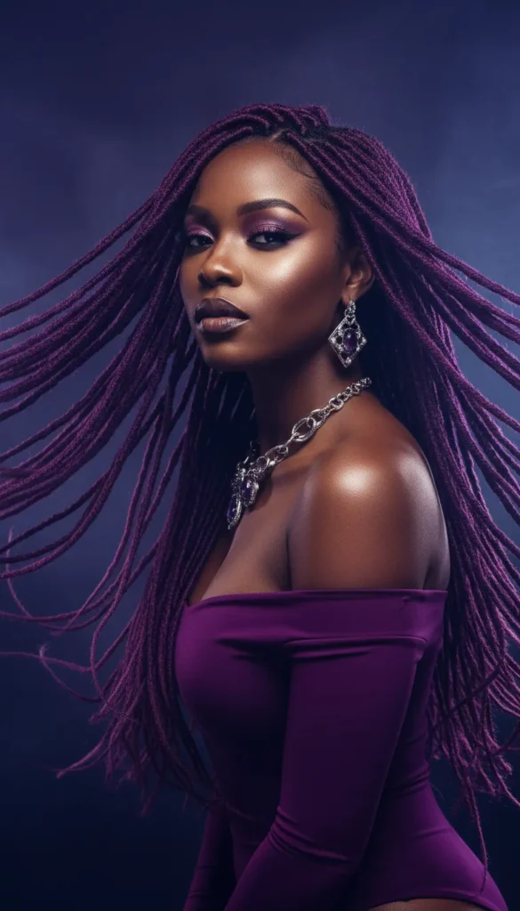 Dyed Locs With Vibrant Purple Roots and Black Tips