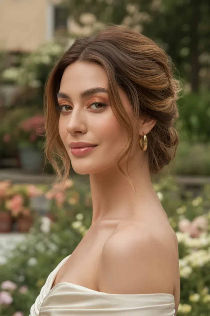 Effortless California Brunette Updo With Loose Tendrils