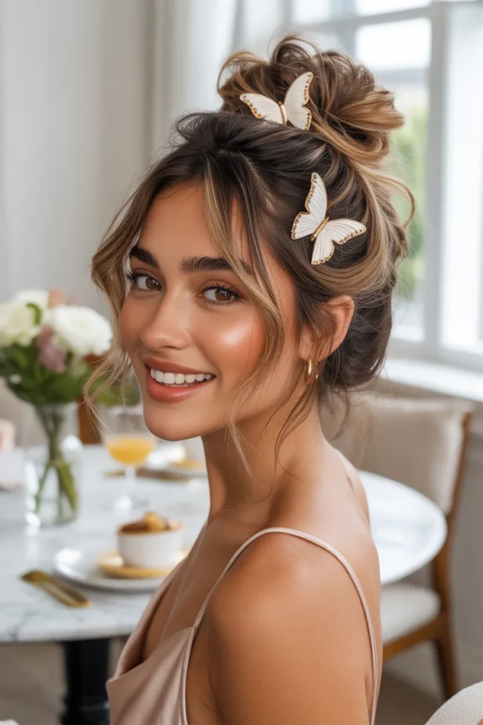 Effortless Messy Bun Birthday Hairstyle With Decorative Clips