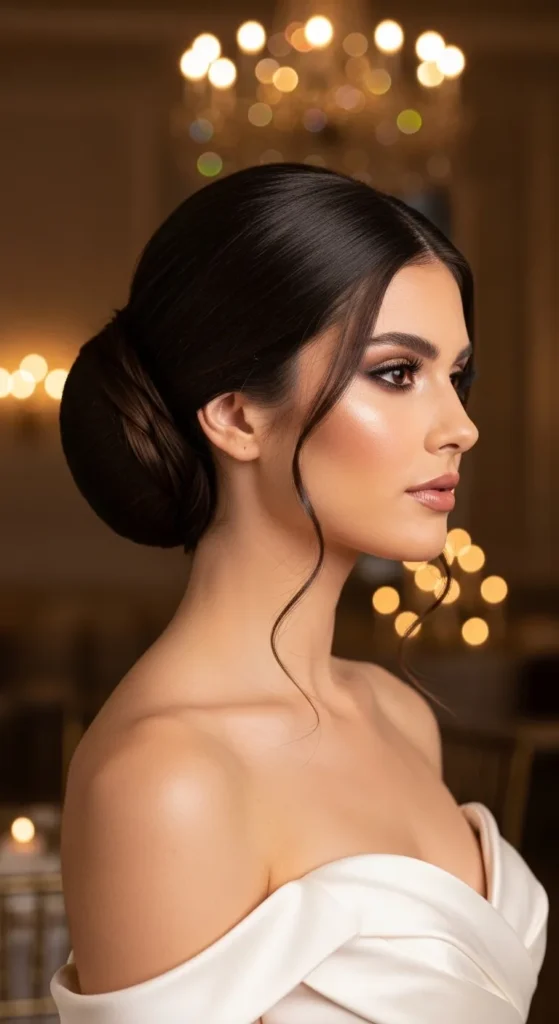 Elegant Chignon With Wispy Tendrils For Oval Shaped Face