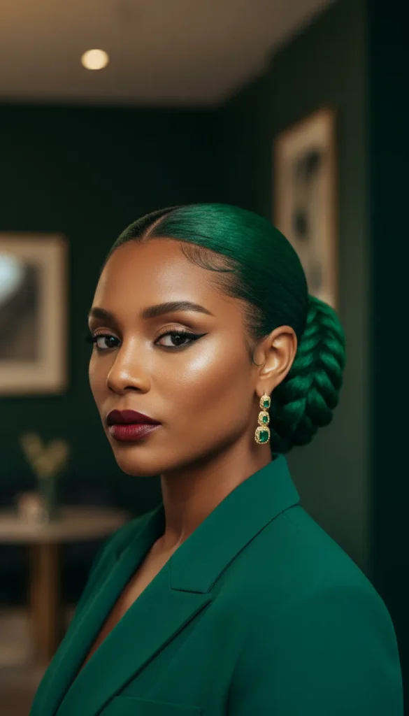 Emerald Green Dyed Locs With a Sleek Low Bun
