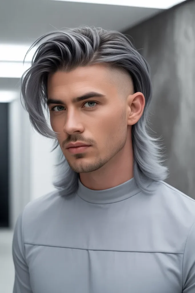Faded Mullet With Ash Grey Color and Sharp Fade