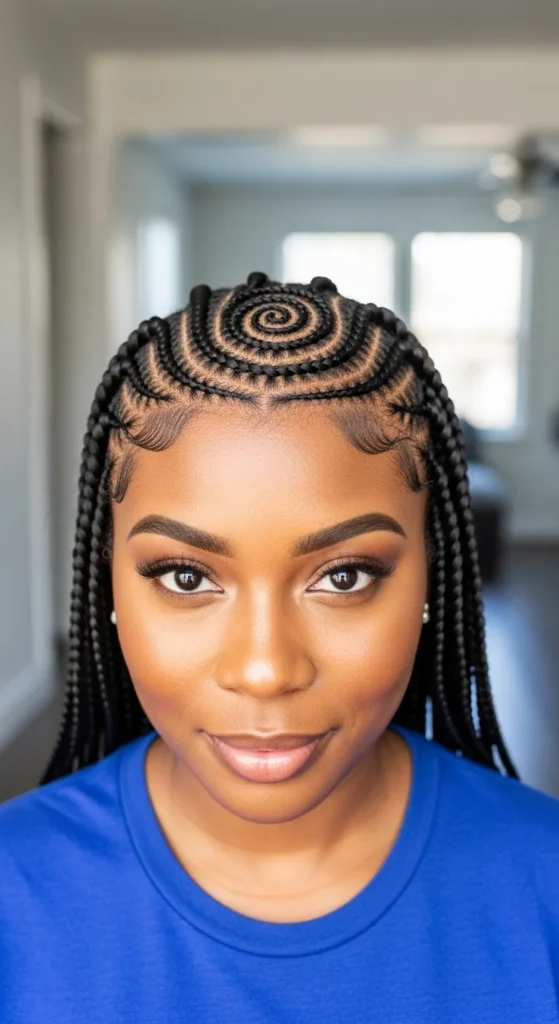 Feed-In Swirl Cornrows With Invisible Parts