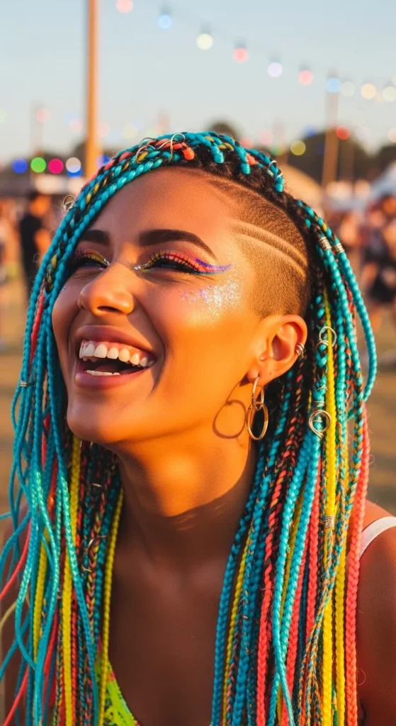 Festival-Ready Side Shave With Colorful Braided Extensions