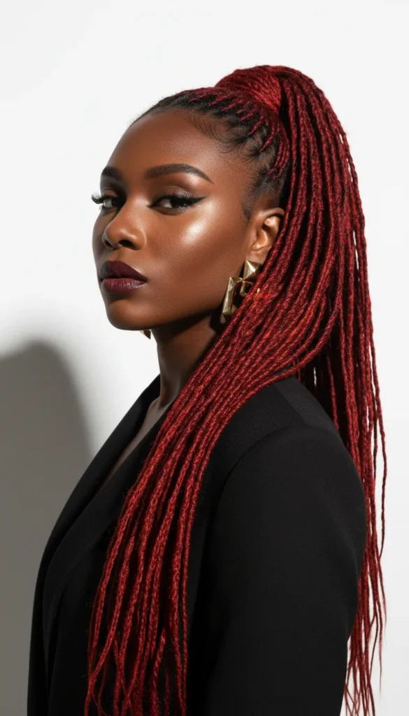 Fiery Red Dyed Locs in a High Ponytail