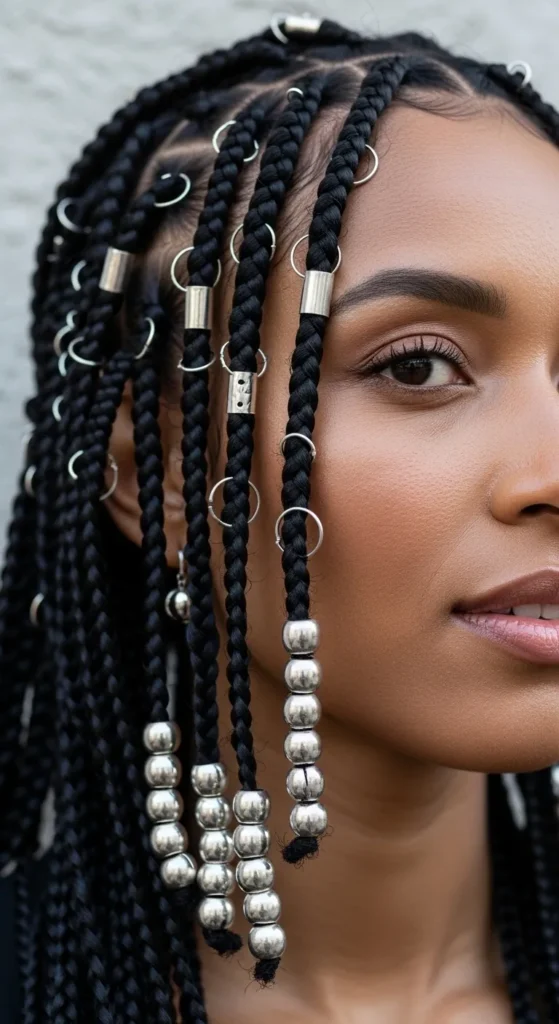 Fulani Braids with Silver Beads and Rings