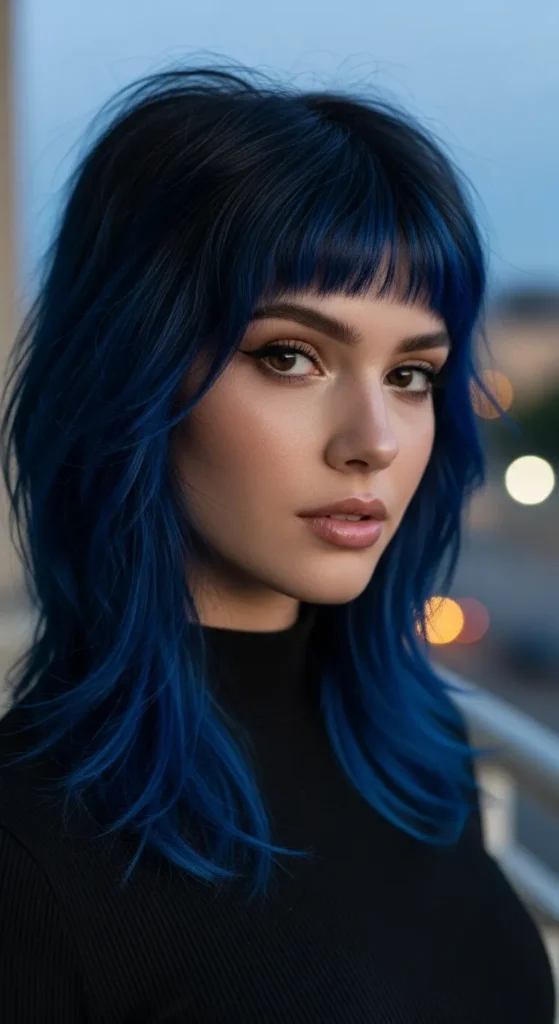 Glossy Black Wolf Cut with Sapphire Blue Bangs