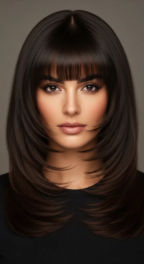 Glossy Espresso Long Wolf Cut with Structured Curtain Bangs