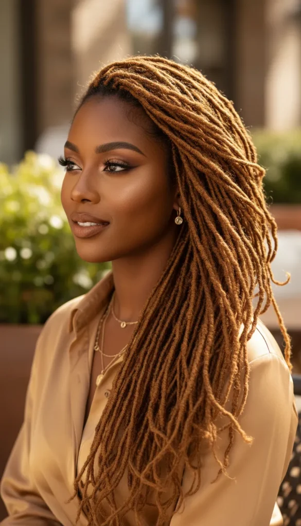 Golden Brown Dyed Locs With a Deep Side Part