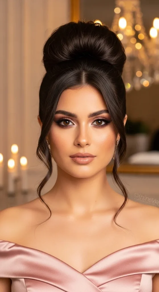 High Bun With Face-Framing Tendrils For Oval Shaped Face