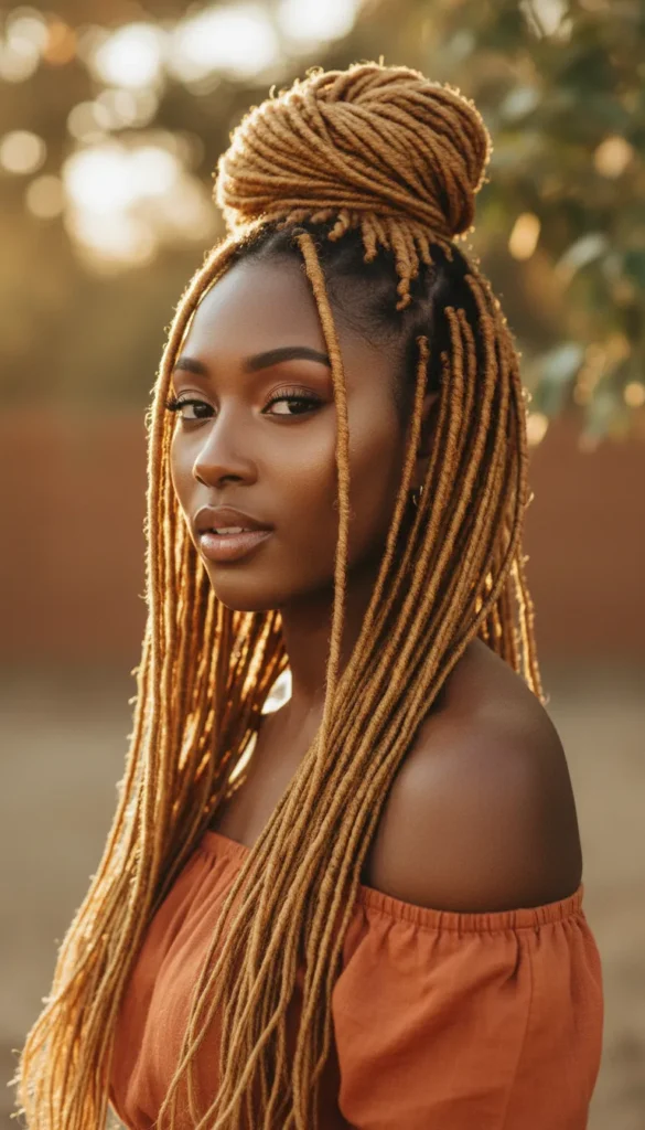 Honey Blonde Dyed Locs With a Half-Up Half-Down Style