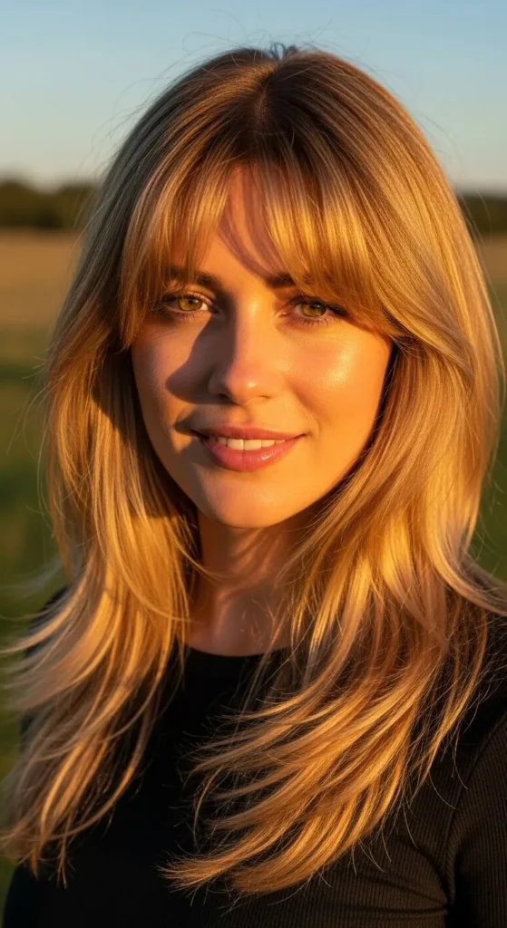 Honey Blonde Long Wolf Cut with Textured Curtain Bangs